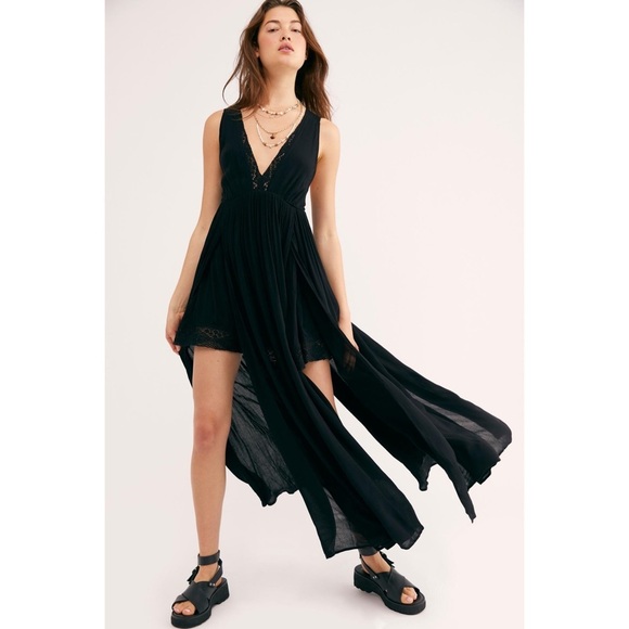 FREE PEOPLE Black Greek Goddess Strong Statement Thigh Slits Maxi Dress - Picture 1 of 15